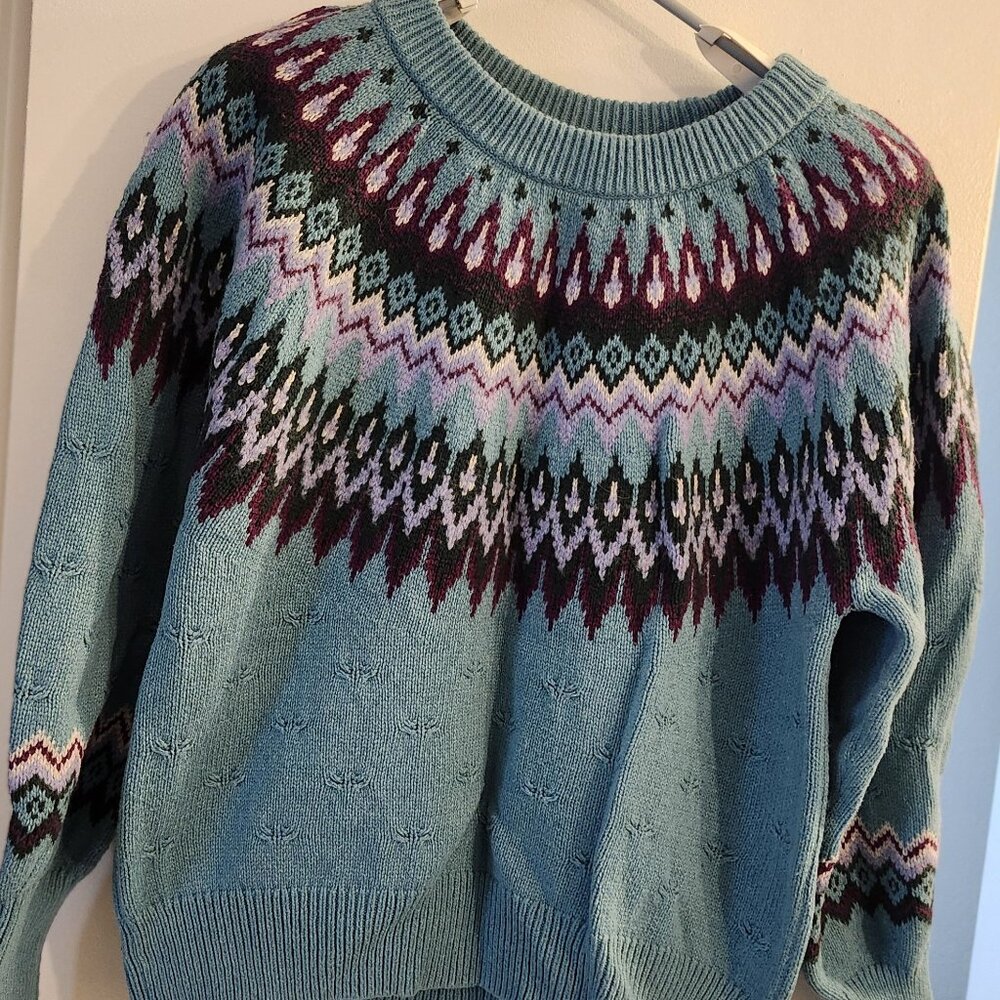 Sundance Large Woman's Sweater Fair Isle: Aqua, Green & Purple - L-EUC